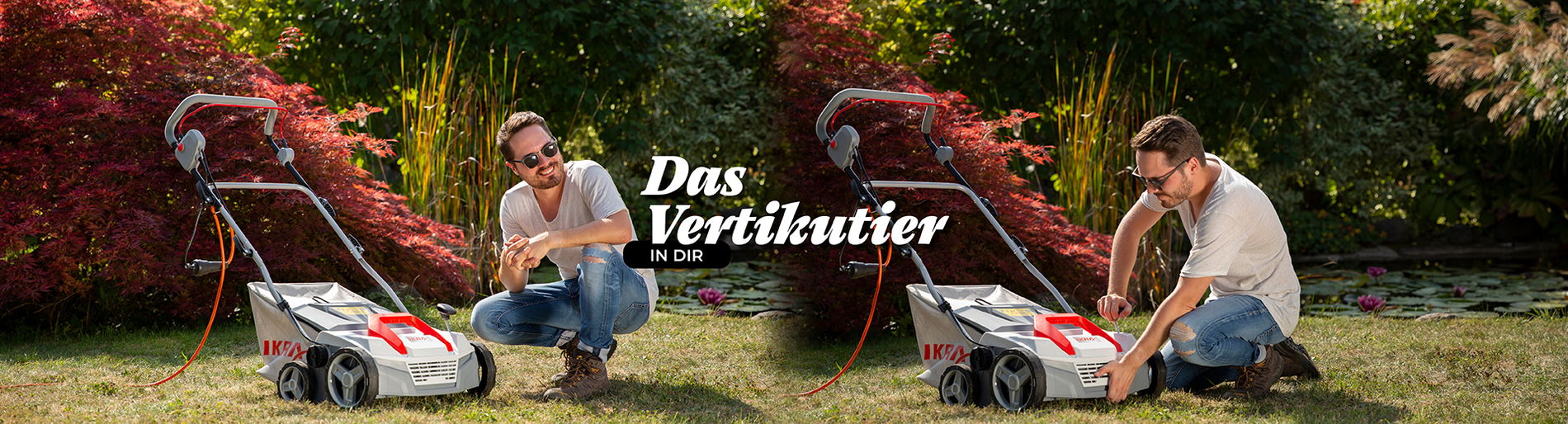 Mann macht seinen Vertikutierer startklar